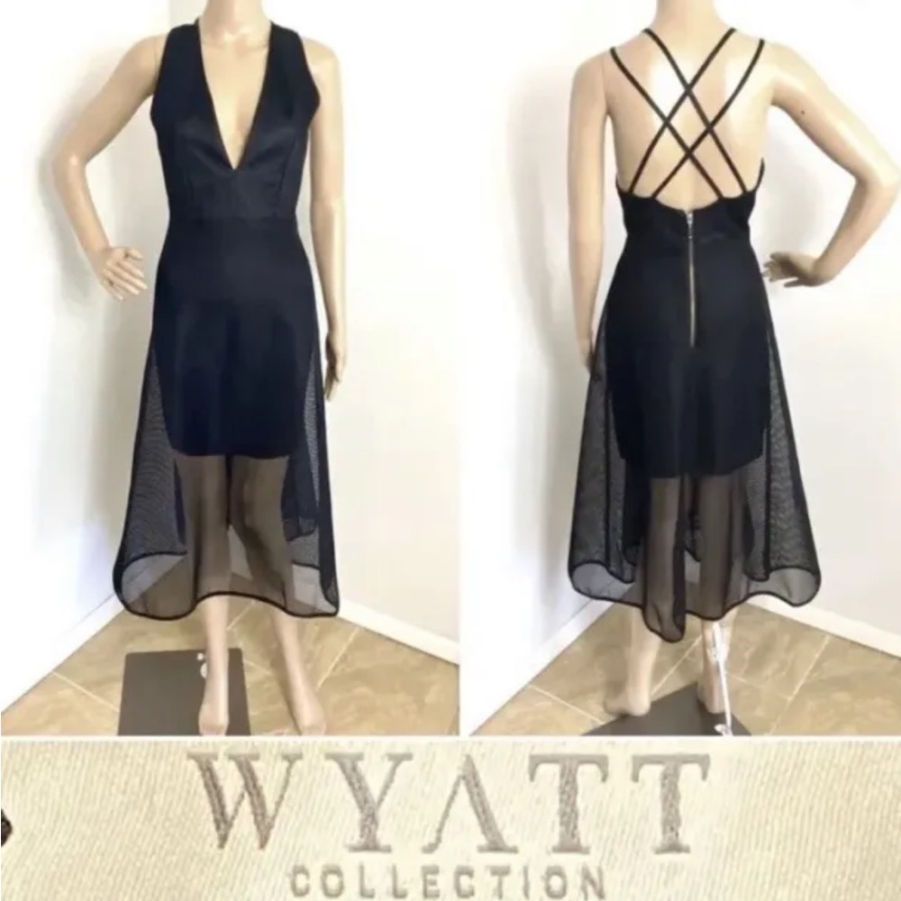 WYATT COLLECTION Black Mesh Overlay Deep Vee Midi Dress Size 8